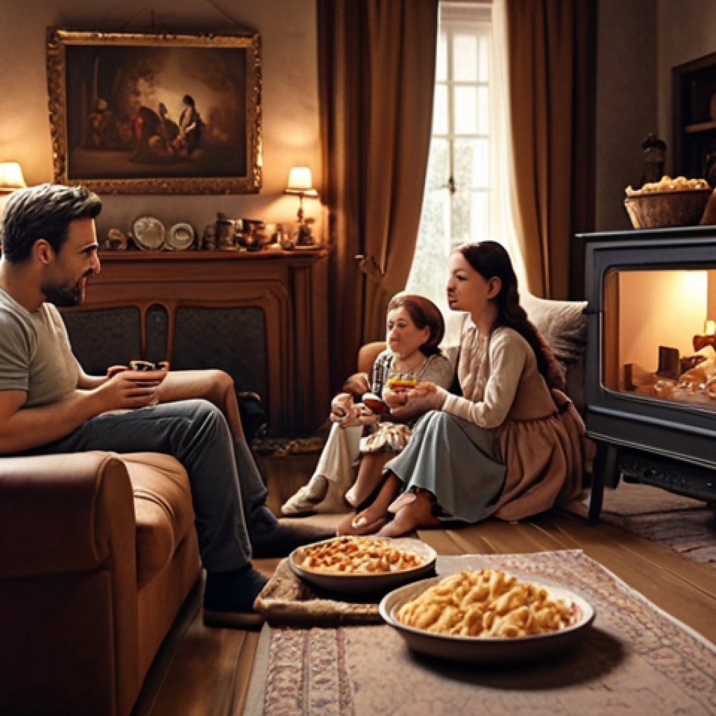 A family watching a historical drama together in a cozy living room, enjoying snacks. The scene should evoke warmth and connection.