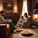 A family watching a historical drama together in a cozy living room, enjoying snacks. The scene should evoke warmth and connection.