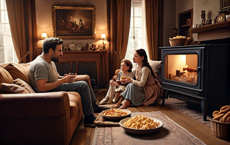 A family watching a historical drama together in a cozy living room, enjoying snacks. The scene should evoke warmth and connection.