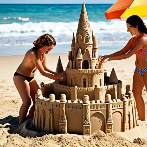 **A family building an elaborate sandcastle on a sunny beach. Focus on the joy and collaboration, with beach umbrellas and the ocean in the background.**