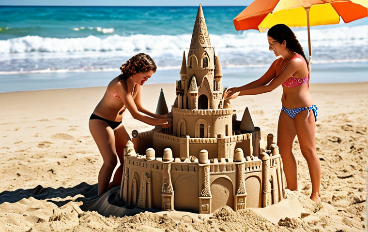 **A family building an elaborate sandcastle on a sunny beach. Focus on the joy and collaboration, with beach umbrellas and the ocean in the background.**